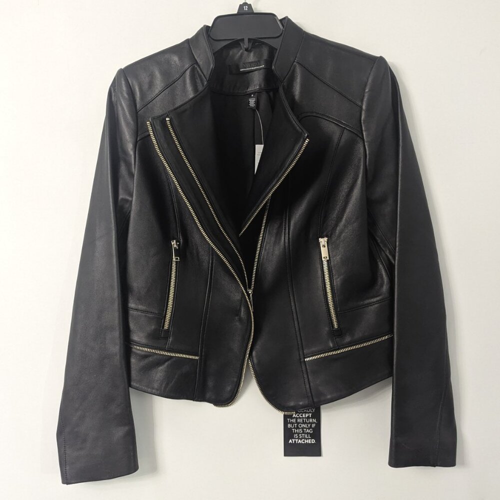 WHBM $500 GENUINE LEATHER Zipped Moto Jacket Black Soft 2 6 8 10 14
